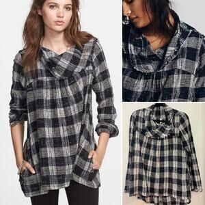Free People Walk‎ in the Park Plaid Cozy Cowl Tunic Sweater Pocket Shacket S/M